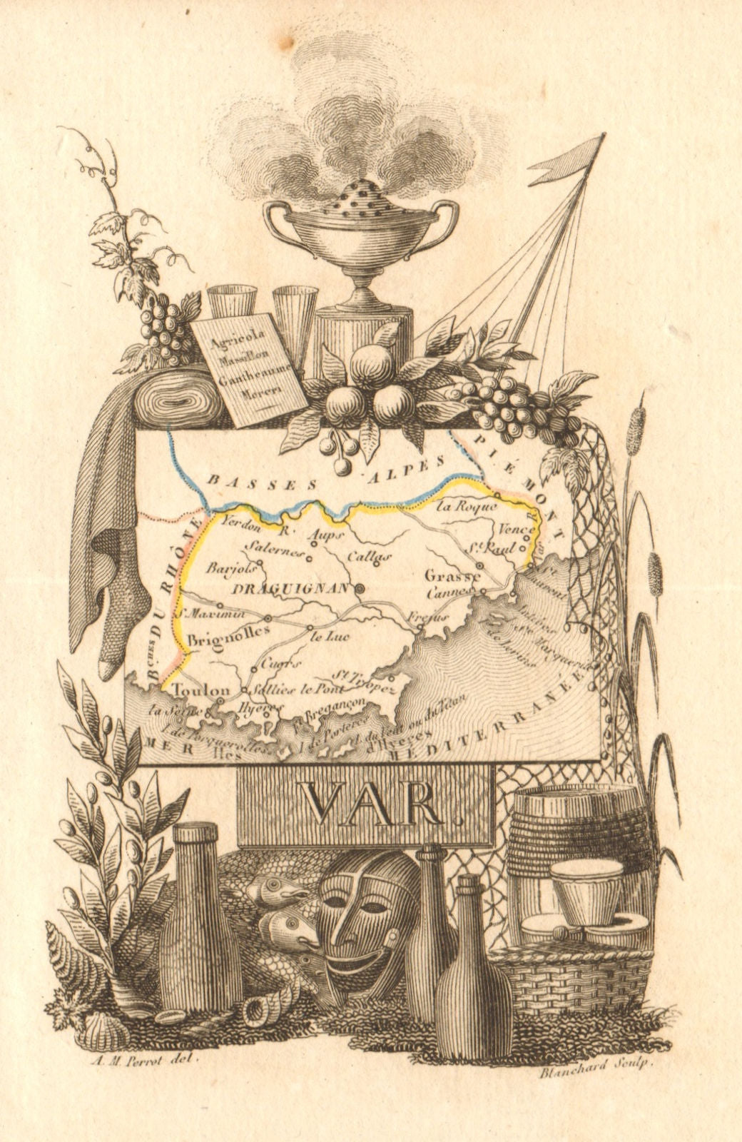 VAR département. Scarce antique map/carte by A.M. PERROT 1823 old